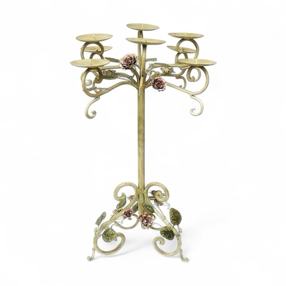 Vintage Chippy Paint Pink Rose Floral Tole Iron 25” Candelabra Candle Holder
